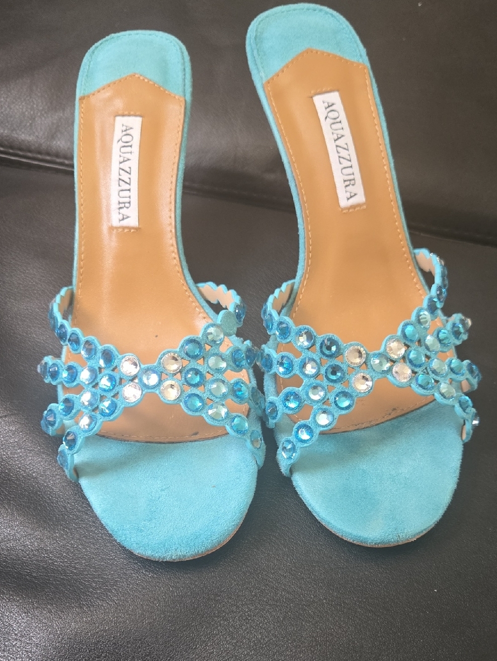 Aquazzura Turquoise Crystal-Embellished Slide Heels